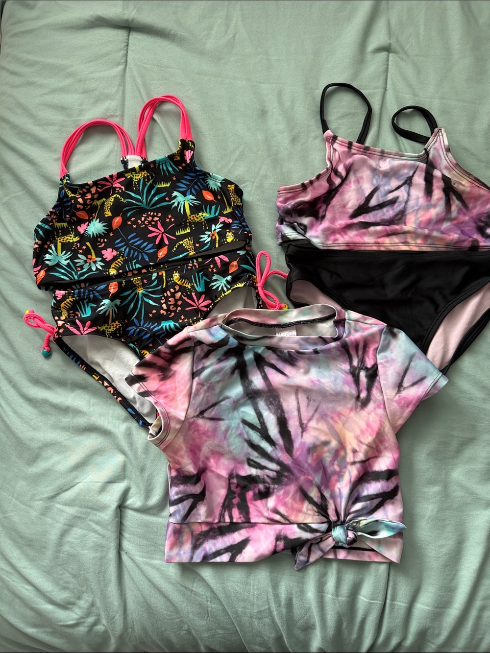 Kids Pink Tie-Dye Swim Top and Black Floral Bikini Set
